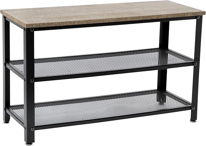 HBCY Creations Weathered Wood Solid Pine Wood 3-Tier Entryway Shoe Rack Bench with Metal Mesh Shelves, for Entryway, Mudroom, or Bedroom, and More!-NeatNest