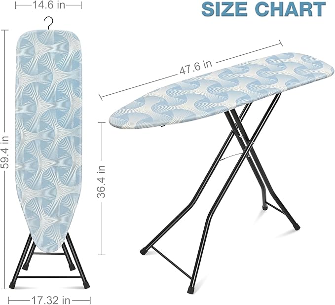 APEXCHASER Ironing Board, Full Size Steam Iron Board,Large Heavy-Duty Sturdy Metal, Dual-use for Both Flat and Steam Iron Foldable Ironing Board with Heat Resistant Cover, 14x48, Blue