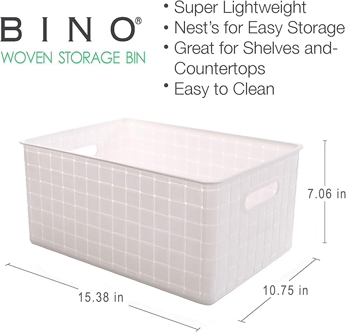 BINO | Plastic Basket, Large - White | 3 Pack | THE STABLE COLLECTION | Multi-Use Storage Basket | Rectangular Cabinet Organizer | Baskets for Organizing with Handles | Home & Office Storage Organizer-NeatNest