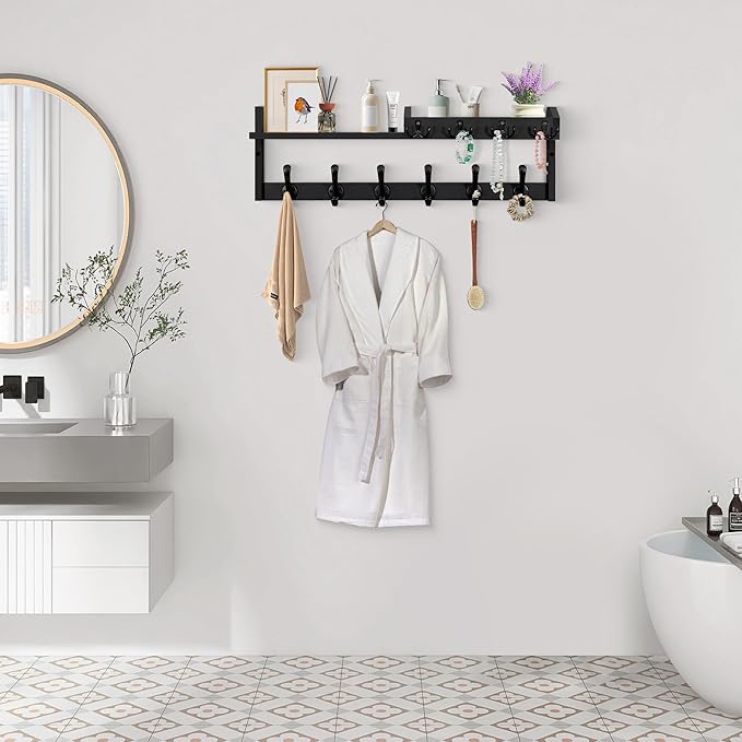 Coat Rack Wall Mount with Shelf, 27.5" Entryway Wall Hanging Shelf, Coat and Key Hanger with 10 Dual Hooks, Mail Organizer and Key Holder Hat Rack for Wall, Wood Coat Hooks with Storage-NeatNest