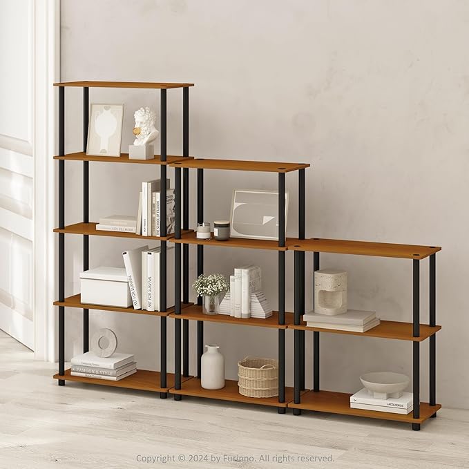 Furinno Turn-N-Tube 5-Tier Multipurpose Compact Bookcase, Light Cherry/Black-NeatNest