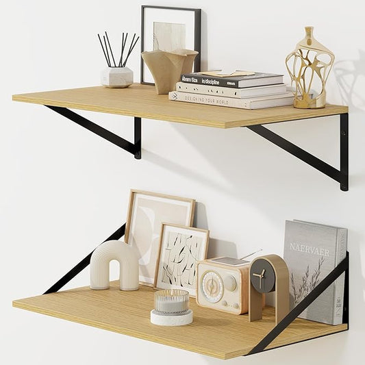 Fun Memories Floating Shelves for Wall, 12 Inch Deep Floating Shelves Set of 2, 24W x 12D Large Wall Shelf with Sturdy Metal Brackets for Living Room, Bathroom, Bedroom and Kitchen, Oak-NeatNest