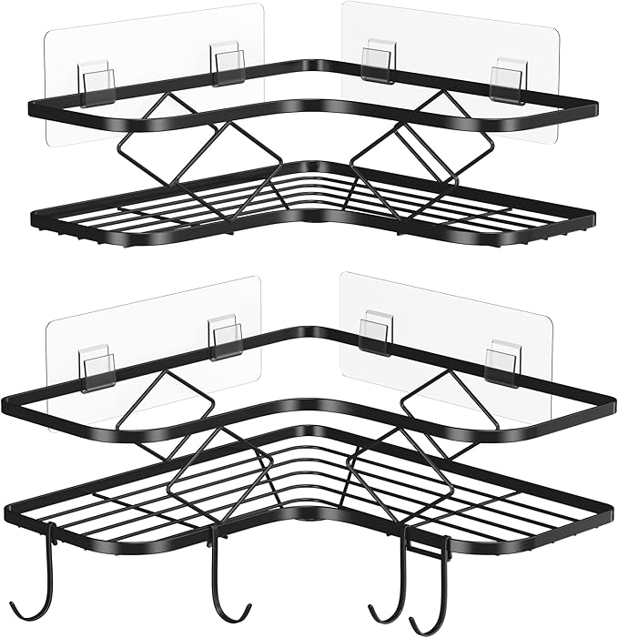 Kadolina Large Corner Shower Caddy, 2 Pack Adhesive Bathroom Shower Organizer Shelves, No Drilling Rustproof Wall Mounted Shower Storage Basket Shampoo Holder Organizer (Black)