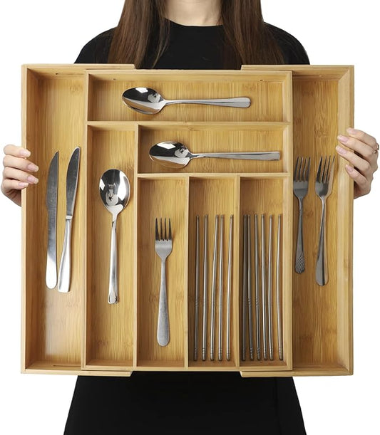 Expandable Bamboo Drawer Organizer – Large 20"x16.9" Size with Adjustable Dividers – for Kitchen Utensils, Knives, Cutlery, Flatware & Silverware Storage Tray-NeatNest