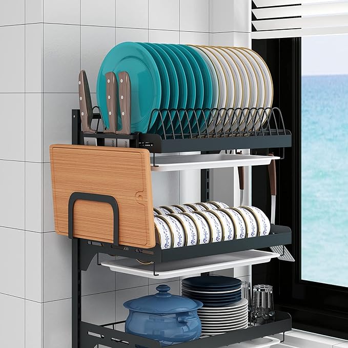 Wall Mounted Stainless Steel Dish Drying Rack Fruit Vegetable Storage Basket with Drainboard and Hanging Chopsticks Cage Knife Holder Kitchen Supplies Shelf Utensils Organizer (3-Tier)