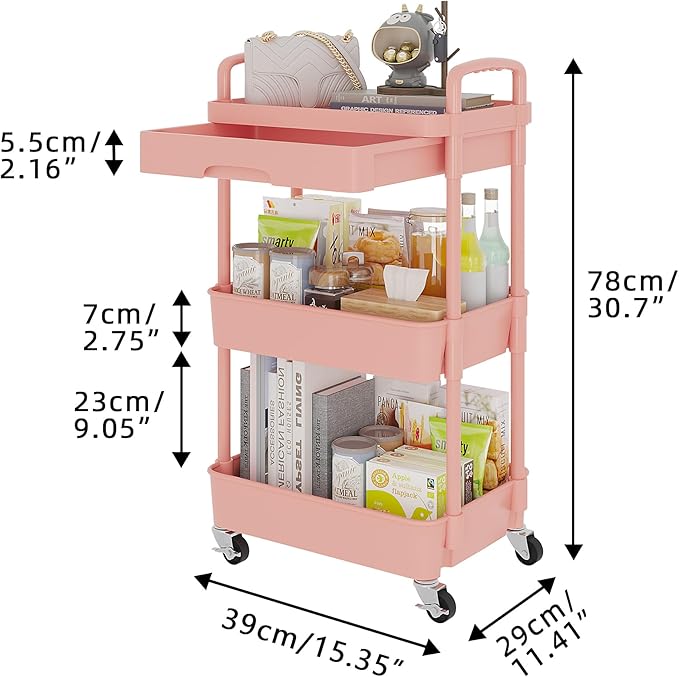 Calmootey 3-Tier Rolling Utility Cart with Drawer,Multifunctional Storage Organizer with Plastic Shelf & Metal Wheel,Storage Cart for Kitchen,Bathroom,Living Room,Office,Pink-NeatNest