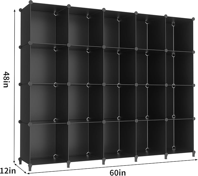 HOMIDEC 20-Cube Black Storage Organizer, Modular Shelf With Hammer, Storage Bin Cabinet Closet Bookshelf for Living Room, Bedroom, Office, Each Cube Size 11.8 x 11.8 Inch-NeatNest
