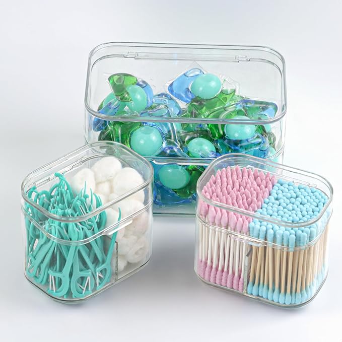 Clear Bathroom Organizer, 2-Size Essentials Set for Hail Accessories & Beauty Supplies,Cotton Swabs,Balls,Pads - Small Clear Plastic Canister Apothecary Jar Set, Vanity Makeup Storage Organizer (L+2S)-NeatNest