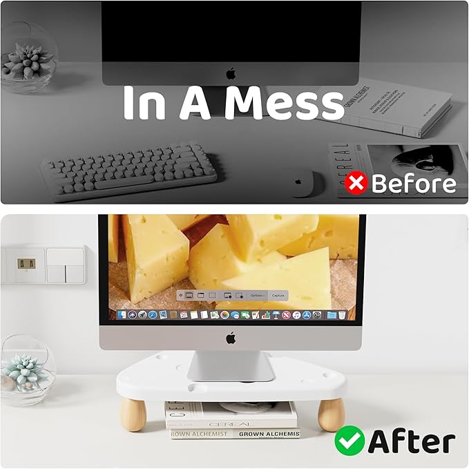Cute Monitor Stand Riser,Cheese-Shaped Sturdy Desktop Computer Stand Wood White Monitor Riser for Laptop, PC, Computer,White-NeatNest