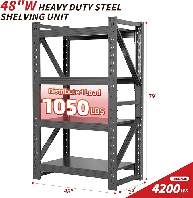 48" W Garage Shelving,4-Tier Heavy Duty Storage Shelves Unit with Adjustable Metal Shelf for Warehouse,Basement,Workshop,4200LBS,48" W x 24" D x 79" H,Black-NeatNest