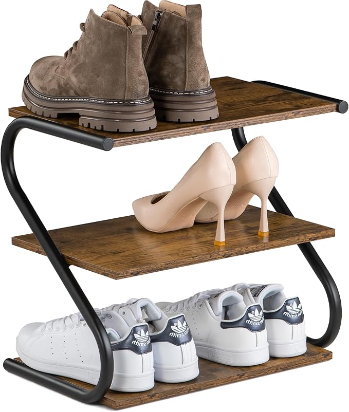 Small 3-Tier Shoe Rack, Z-Frame Wooden Shoe Shelf with Durable Metal Shelves for Hallway, Living Room, Closet, Bedroom (17.2”)-NeatNest