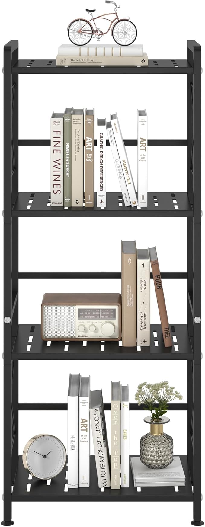 JSB 4 Tier Metal Bookshelf Bathroom Storage Standing Shelf Unit Kitchen Storage Organizer Display Rack Bookcases Shelves for Living Room, Bedroom, Office (Widen Black, 4 Tier)