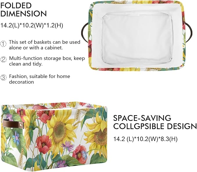 Floral Flower Sunflower Poppy Storage Bin Canvas Toys Storage Basket Bin Large Storage Cube Box Collapsible with Handles for Home Office Bedroom Closet Shelves,1 pc-NeatNest