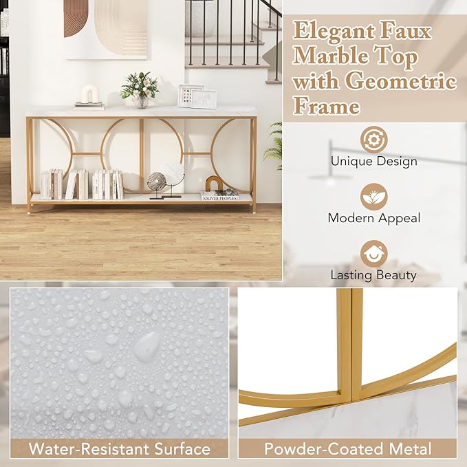 Giantex 71" Console Table, 2-Tier Extra-Long Gold Entryway Table w/Storage Shelf, Faux Marble Top, Narrow Sofa Table with Geometric Frame, Behind Couch Entry Table for Living Room, Hallway, Foyer-NeatNest
