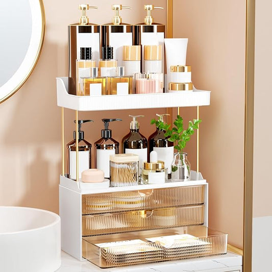 3 Drawers Makeup Organizer - 5 Tier Bathroom Organizers and Storage, Versatile Perfume Vanity Organizer, Ideal for Cosmetic, Large Skincare, Face Mask, Office Supplies, Amber-NeatNest