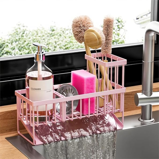 Cisily Pink Kitchen Sink Caddy Organzier with High Brush Holder, Sponge Holder for Sink, 304 Rustproof Stainless, Kitchen Countertop Soap Dispenser Organizer-NeatNest