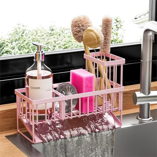 Cisily Pink Kitchen Sink Caddy Organzier with High Brush Holder, Sponge Holder for Sink, 304 Rustproof Stainless, Kitchen Countertop Soap Dispenser Organizer-NeatNest