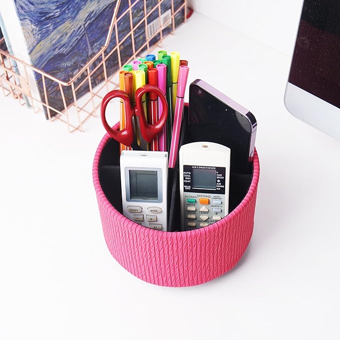 Hennaja Round Leather Art Supply Organizer,Remote Control Holder,360 Degree Spinning,Multi-Functional Pencil Holder,4 Compartments Desktop Stationary Organizer(1-Vertical Wood Red)-NeatNest