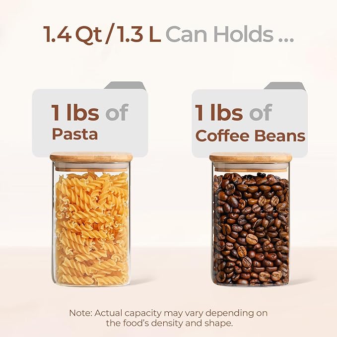 ComSaf 1.4 Qt Glass Storage Containers with Lids, Glass Jars with Lids, Clear Food Storage Jar, Square Canister Set of 3, Pantry Organizers and Storage for Flour Oat Pasta Tea Cookie Coffee Bean-NeatNest