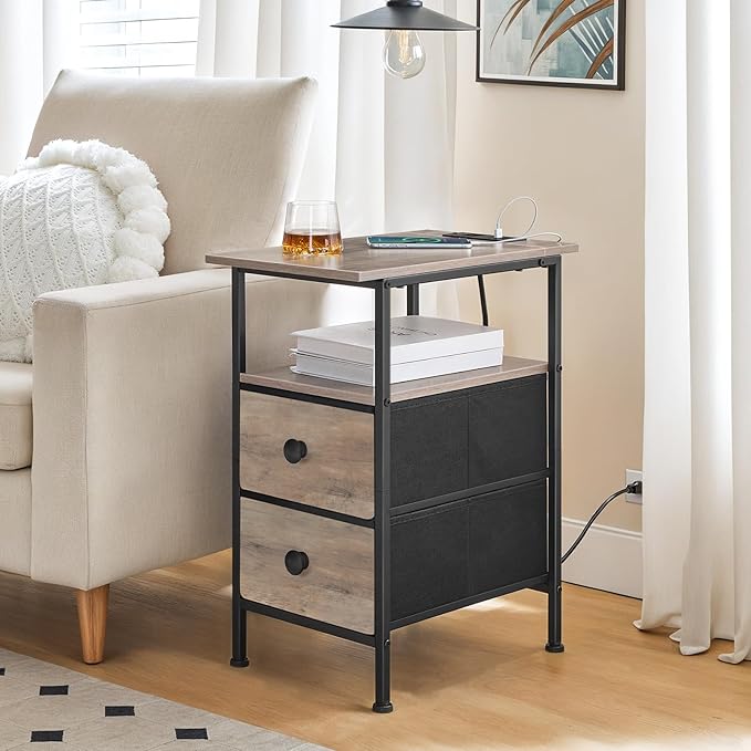 HOOBRO Narrow Side Table with LED Light and USB C Port, Night Stand with Charging Station, Skinny End Table with 2 Fabric Drawers, for Bedroom, Living Room, Greige and Black BG486UDBZ01