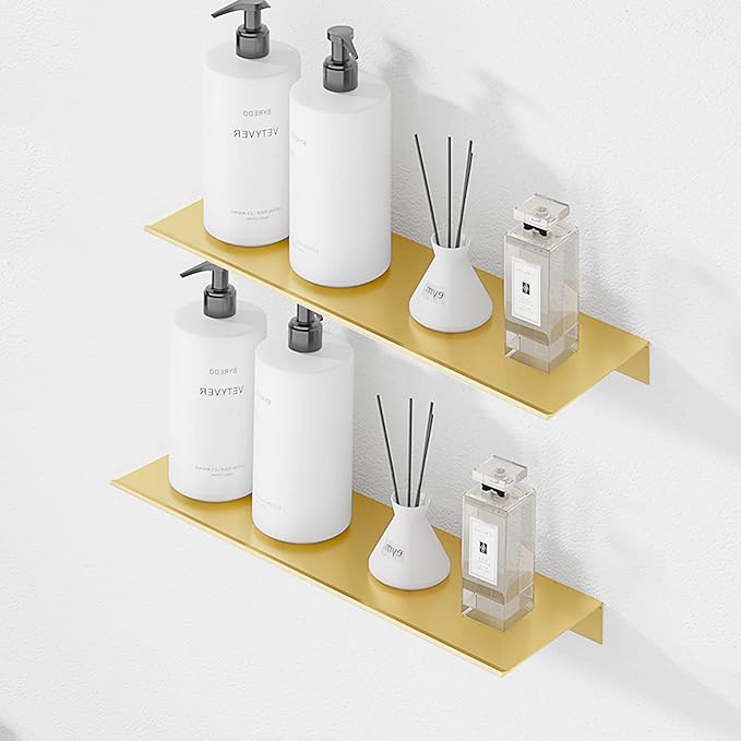 Metal Floating Shelves, Set of 2, Brushed Gold Wall Shelves Picture Ledge, Shower Caddy Wall Mounted, Decorative Display Shelf for Bedroom, Living Room, Bathroom, Office-NeatNest