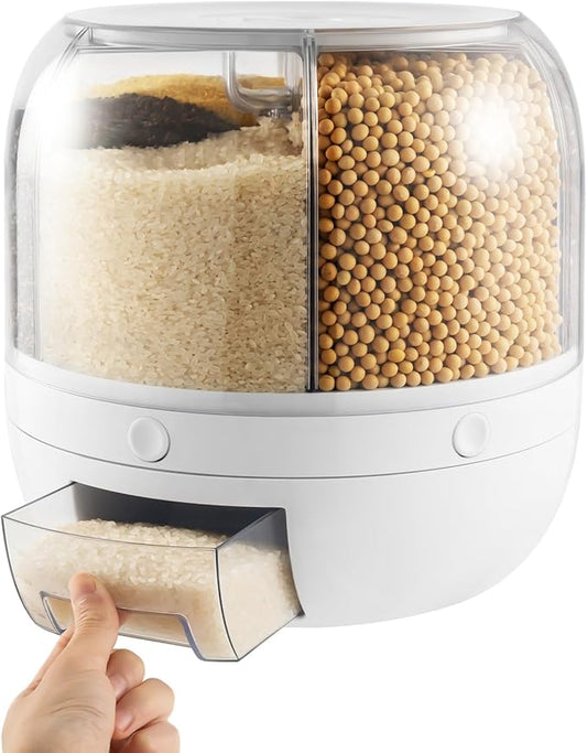 360° Rotating Grains Dispenser, 6 Grids Dry Food Dispenser, Round Multigrain Tank Cup Dry Rice Container with Sealed Lid, Grains Cans Grain Storage Tank for Home Kitchen, Can Hold 13lbs, White-NeatNest