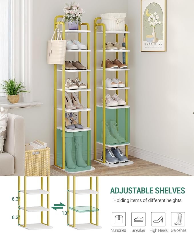 8 Tiers Vertical Shoe Rack, Narrow Shoe Tower, Tall Shoes Shelf with 2 Hooks, Adjustable Shelves, Corner Shoes Shelves for Small Spaces, Entryway, Living Room, White Gold SR04313A-NeatNest