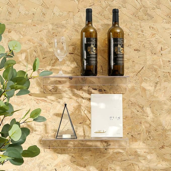 CY craft Clear Acrylic Floating Shelves Display Ledge, 5 MM Thick Wall Mounted Storage Shelf for Kitchen/Bathroom/Office,Invisible Kids Bookshelf and Spice Rack,15 Inch,Set of 4-NeatNest