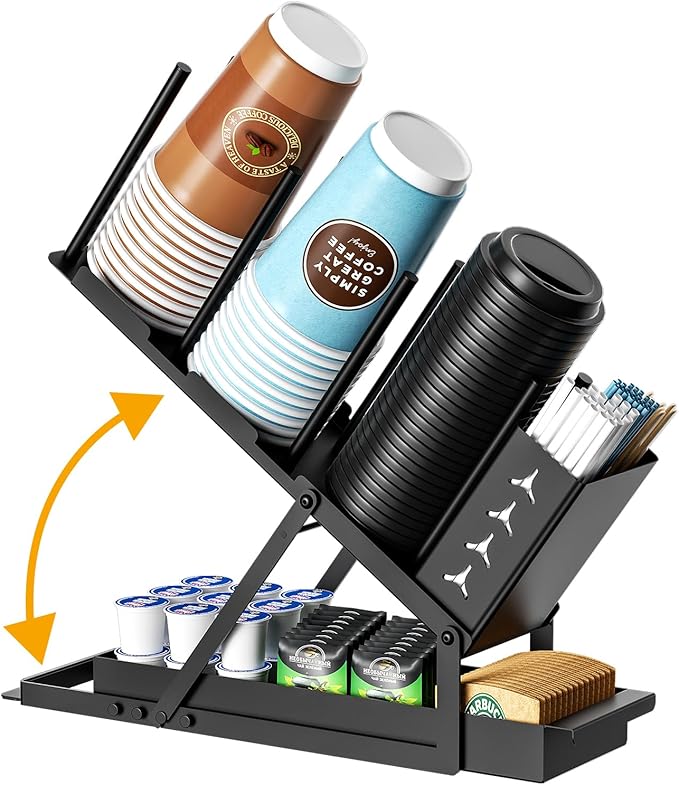 Cup and Lid Holder with Straw Organizer Coffee Station Organizer, Metal Cup Dispenser 5 Compartment Coffee Cup Holder for Coffee Bar Accessories, Disposable Paper Cups, Plastic Cups, Lids-NeatNest