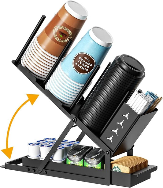 Cup and Lid Holder with Straw Organizer Coffee Station Organizer, Metal Cup Dispenser 5 Compartment Coffee Cup Holder for Coffee Bar Accessories, Disposable Paper Cups, Plastic Cups, Lids-NeatNest