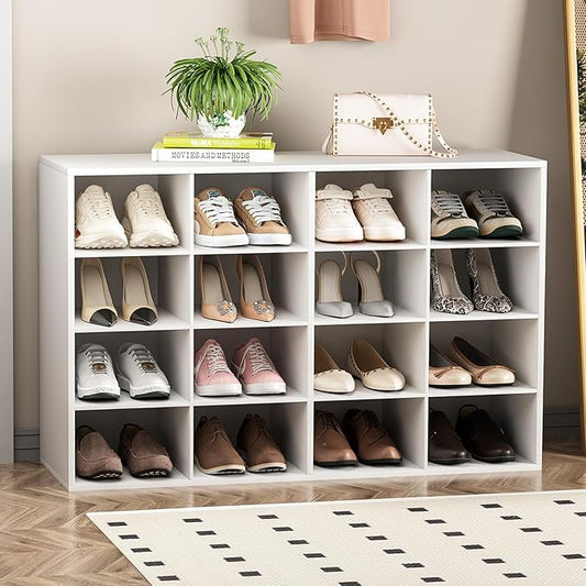 Garden 4 you Shoe Storage Bench, Cubby Shoe Rack with 16 Cubbies, 4-Tier Wood Shoe Rack Organizer, Shoe Organizer Cabinet for Entryway, Hallway, Closet and Garage, White-NeatNest