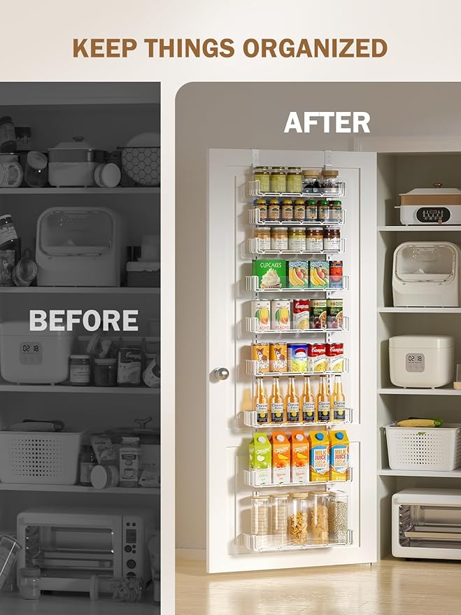 Delamu 9-Tier Over the Door Pantry Organizer with Acrylic Panel, Pantry Organization and Storage, White Hanging Basket Wall Spice Rack Seasoning Shelves, Home Kitchen Bedroom Bathroom House Essentials-NeatNest