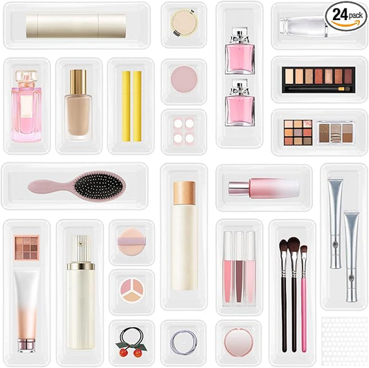 24 PCS Plastic Drawer Organizer Set, Sturdy 3-Size Makeup Vanity Desk Drawer Organizer Trays and Storage Bins for Cosmetics, Junk and Gadgets – Ideal for Bathroom, Bedroom, Office and Kitchen-NeatNest