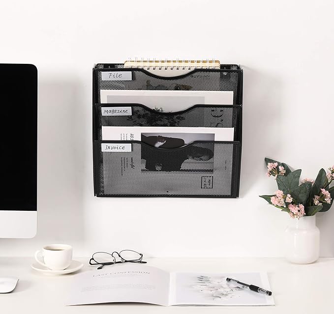 EasyPAG 3 Pocket Wall File Organizer, Black | Metal Mesh Wall Mounted File Holder | Assembly Hanging Mail Organizer | Replaceable Classify Labels | Office Home Letter Size Paper Storage