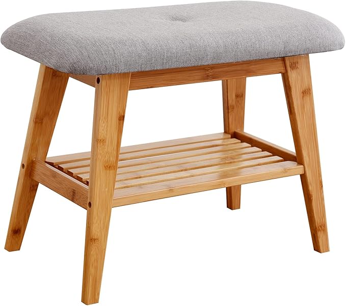 Shoe Rack Bench, Bamboo Entryway Bench, Organizer with 2 Tier Storage, Simple Style, Good Load Bearing, Ideal for Entryway Hallway Living Room,(Nature,23.6'')-NeatNest
