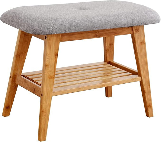 Shoe Rack Bench, Bamboo Entryway Bench, Organizer with 2 Tier Storage, Simple Style, Good Load Bearing, Ideal for Entryway Hallway Living Room,(Nature,23.6'')-NeatNest