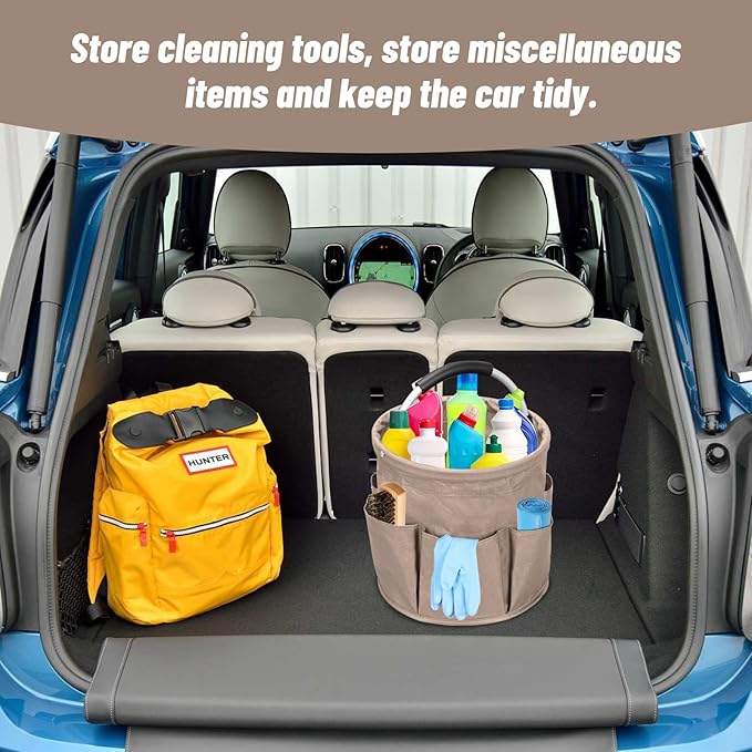 Qivine 17L Cleaning Caddy with Handle, Cleaning Supply Caddy Foldable Cleaning Caddy Cleaning Products Organizers Portable Cleaning Bucket Organiser for Storing Towels (Khaki)