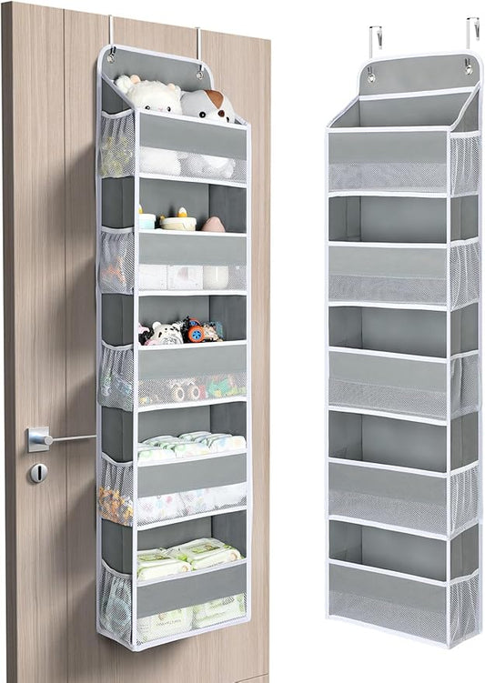 Yecaye 1 Pc Over the Door Organizer with 5 Bins 10 Side Pockets, 44lbs Load Hanging Bathroom and Bedroom Organizer, behind the Door Hanging Organizers for Nursery Newborn Baby Essential Stuff Grey-NeatNest
