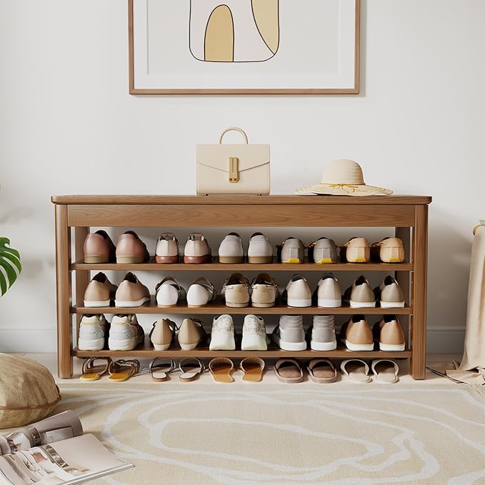 3 Tier Shoe Bench with Storage, Wood Shoe Rack for Front Door Entrance, Entryway Shoe Storage Bench.