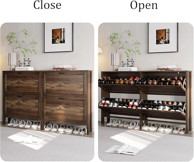 Shoe Cabinet with 4 Flip Drawers, Narrow Shoe Storage Cabinet, Freestanding Shoe Cabinet Organizer, Hidden Shoe Rack Cabinet for Entryway, Hallway (4-Drawers, Brown/4-drawers)-NeatNest