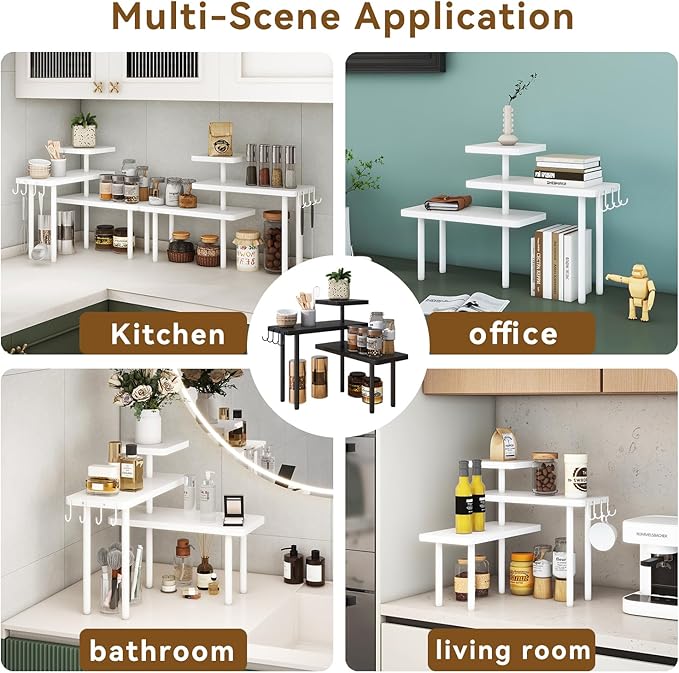 IBUYKE Countertop Organizer,3-Tier Spice Racks,Kitchen Counter Corner Shelf,4 Side Hooks,Adjustable Countertop Shelf for Kitchen, Bathroom, Coffee Bar, Cabinet, Desk,White,TLJ023W-NeatNest