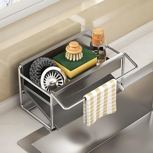 Kitchen Sink Sponge Rack, Self Draining Kitchen Sink Storage Rack, Rust-Proof Stainless Steel Dish Sponge Storage Rack (with Dish Cloth Rack), Bathroom Soap Dispenser Storage, Gray-NeatNest