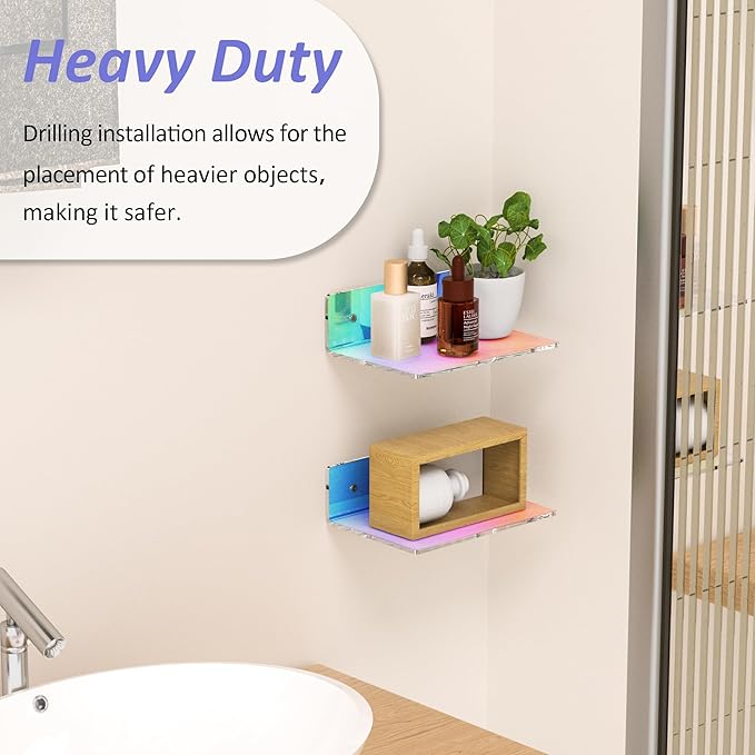 9 Inches Iridescent Floating Shelves Acrylic, White Wall Shelves for Living Room Décor, Bedroom, Bathroom, Kitchen, Dining Room, Brand Store, Retails, Gaming Room, 2 Pack-NeatNest