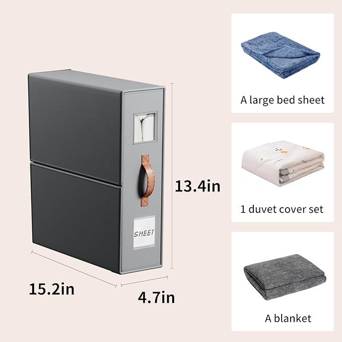 4 Pack Bed Sheet Storage Organizers- Premium Fabric Closet Organizer with Clear View Window, Space-Saving Foldable Design for Queen/King Size Bedsheets, Blankets & Duvet Covers-NeatNest