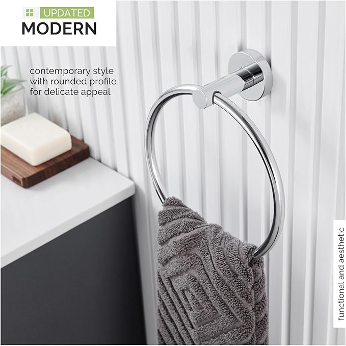 Bath Towel Ring Chrome, Angle Simple Stainless Steel Hand Towel Holder, Round Towel Hanger Heavy Duty, Wall Mounted