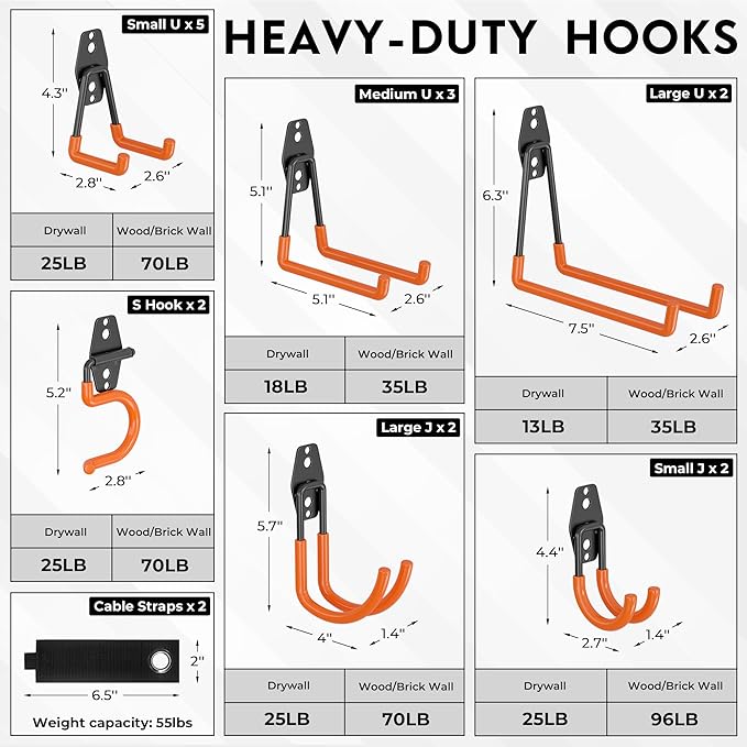 BONTEC Heavy Duty Garage Hooks, Anti-Slip Coated Black Steel with Strong Load Capacity, Multi-Sized U and J Hooks, Easy Wall Mount for Garage, Garden, Workshop (Orange, 18 Pack)-NeatNest