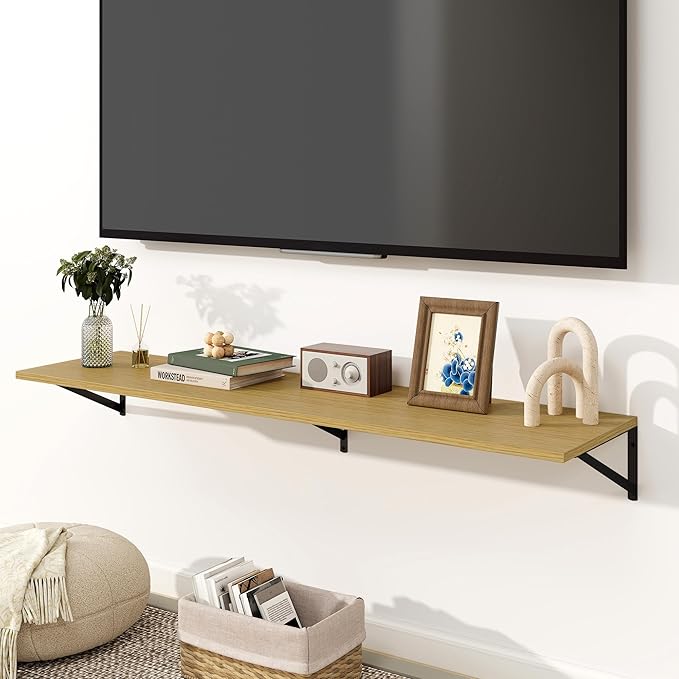 Fun Memories Floating Shelves for Wall, 12 Inch Deep Floating Shelves Set of 2, 55W x 12D Large Wall Shelf with Sturdy Metal Brackets for Living Room, Bathroom, Bedroom and Kitchen, Oak-NeatNest