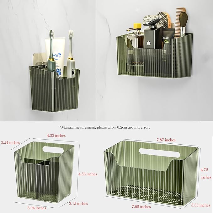 Set Of 2 Storage Organizer Bins Wall Mounted Shower Caddy, Bathroom shelves Stackable Clear Plastic Toothbrush Holder Adhesive Hanging Bin for Bathroom, Kitchen, Cabinet, Shower BPA Free Small (Clear)-NeatNest