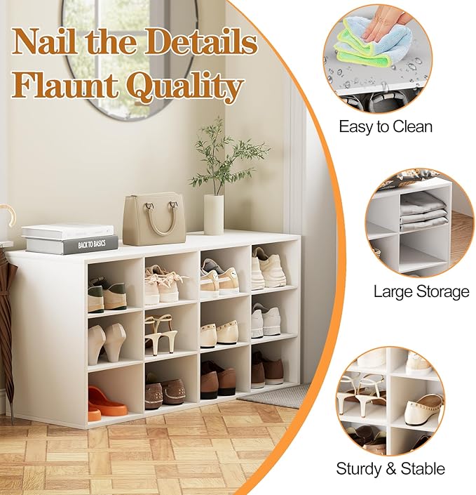 12-Cubby Shoe Rack, 3-Tier Wood Shoe Organizer, Multifunctional Shoe Organizer Bench for Entryway, Mudroom, Hallway, Closet,36.22 * 11.81 * 17.72 Inch,White-NeatNest