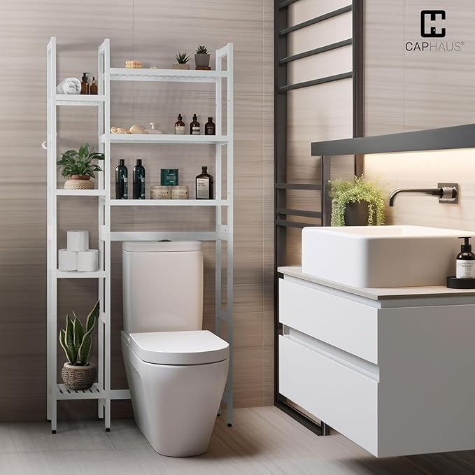 CAPHAUS Over The Toilet Storage Shelf, 7-Tier Bamboo Bathroom Organizer Shelf Rack Over Toilet with Adjustable Feet & Hooks, Freestanding Toilet Shelf for Bathroom Laundry Balcony Plant Stand, White-NeatNest